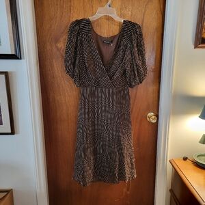 Betsey Johnson texured v neck brown silk dress puff sleeve womens size 6 VTG